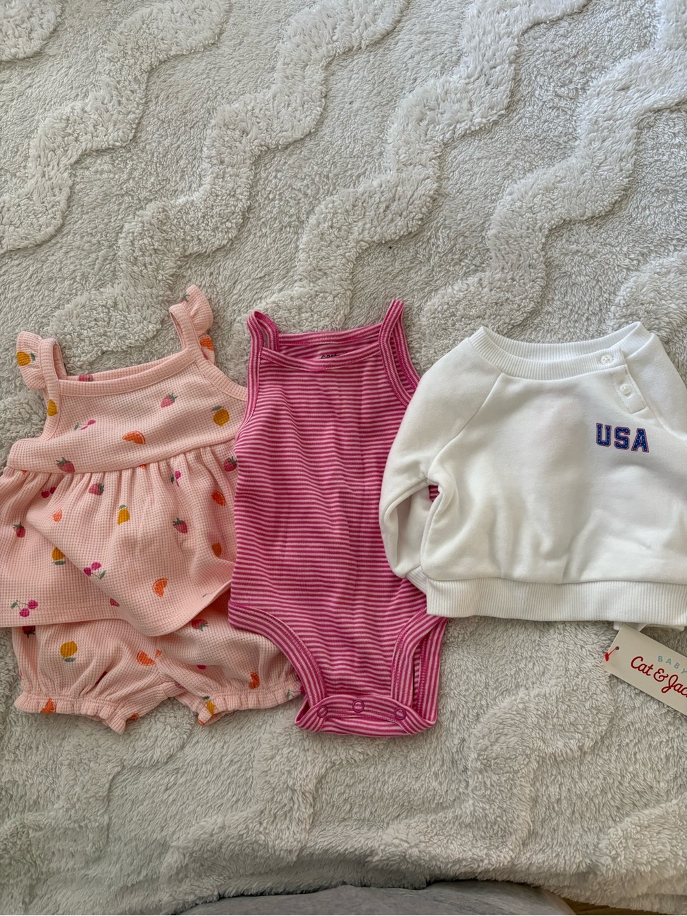 Cat & Jack Pink Fruit Romper, Fuchsia Stripe Bodysuit & White USA Sweatshirt